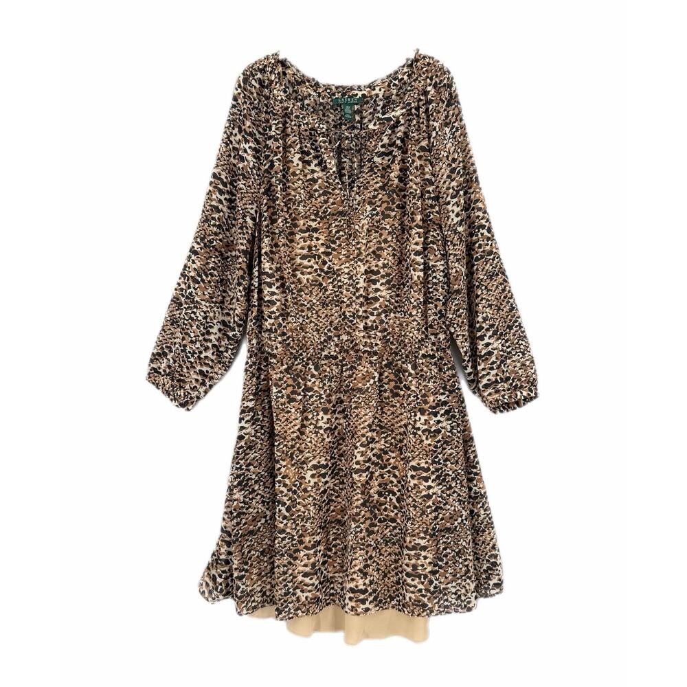 Lauren Ralph Lauren PLUS Brown Animal Print Fall Boho Office Chic Peasant Dress